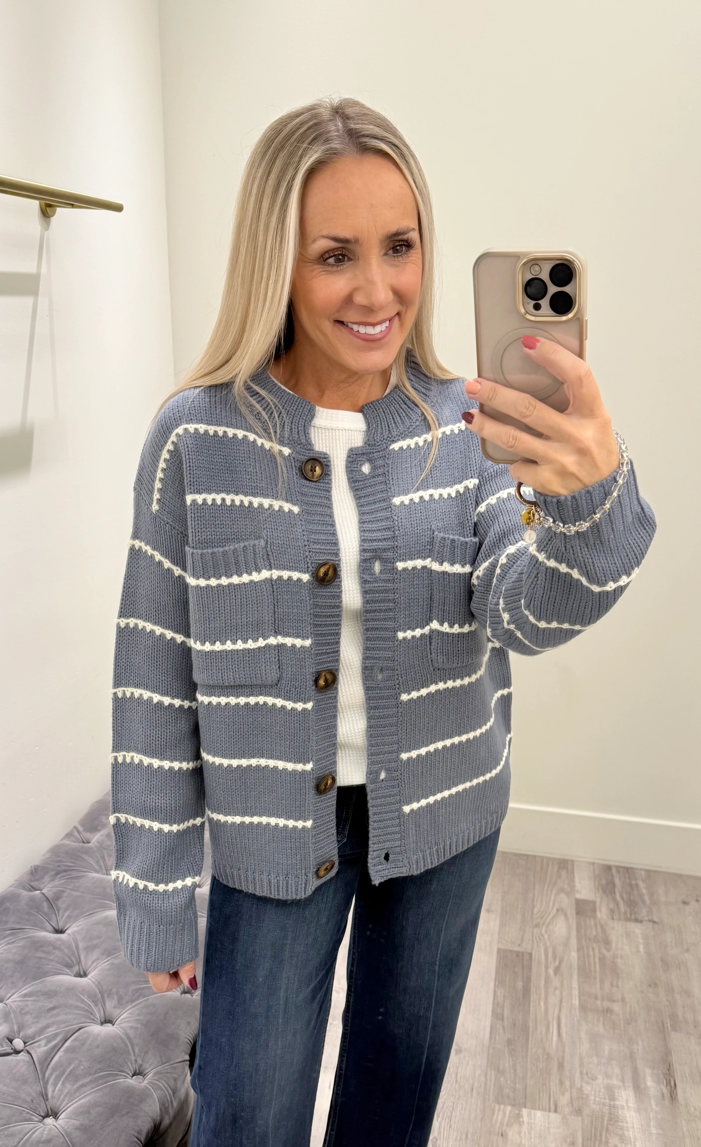 Taylor Stripe Cardigan Denim Blue - Image 2