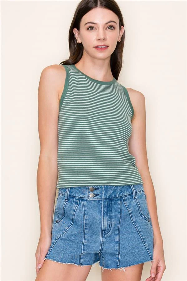 Chloe Striped Crew Neck Tank Green