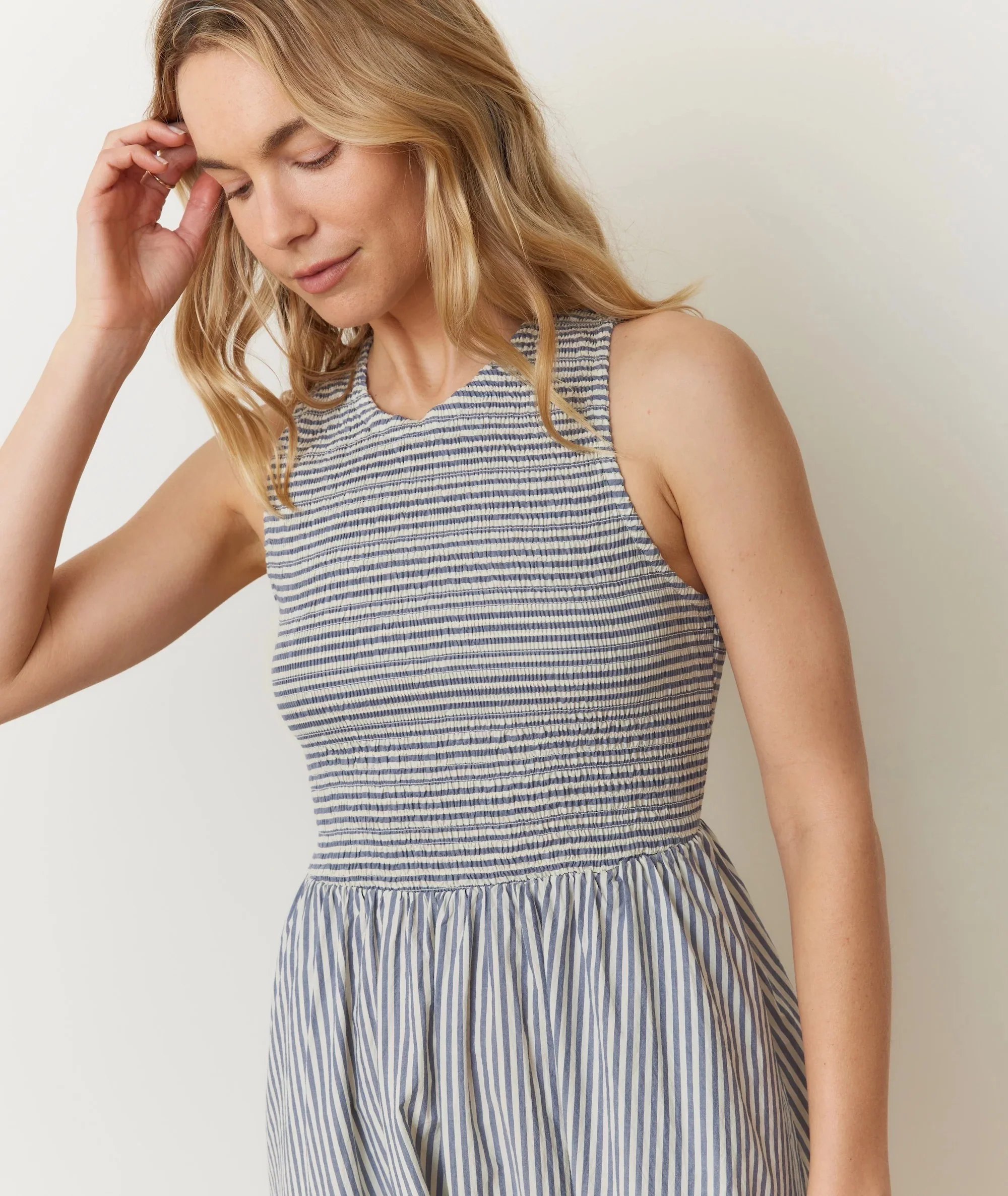 Darcy Poplin Smocked Dress Navy Stripe - Image 3