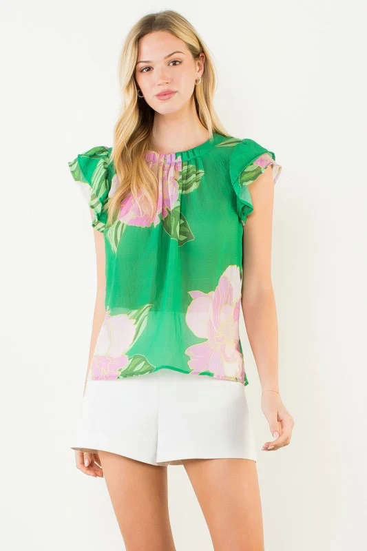 Floral Flutter Sleeve Top Green