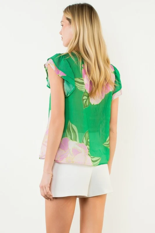Floral Flutter Sleeve Top Green - Image 2
