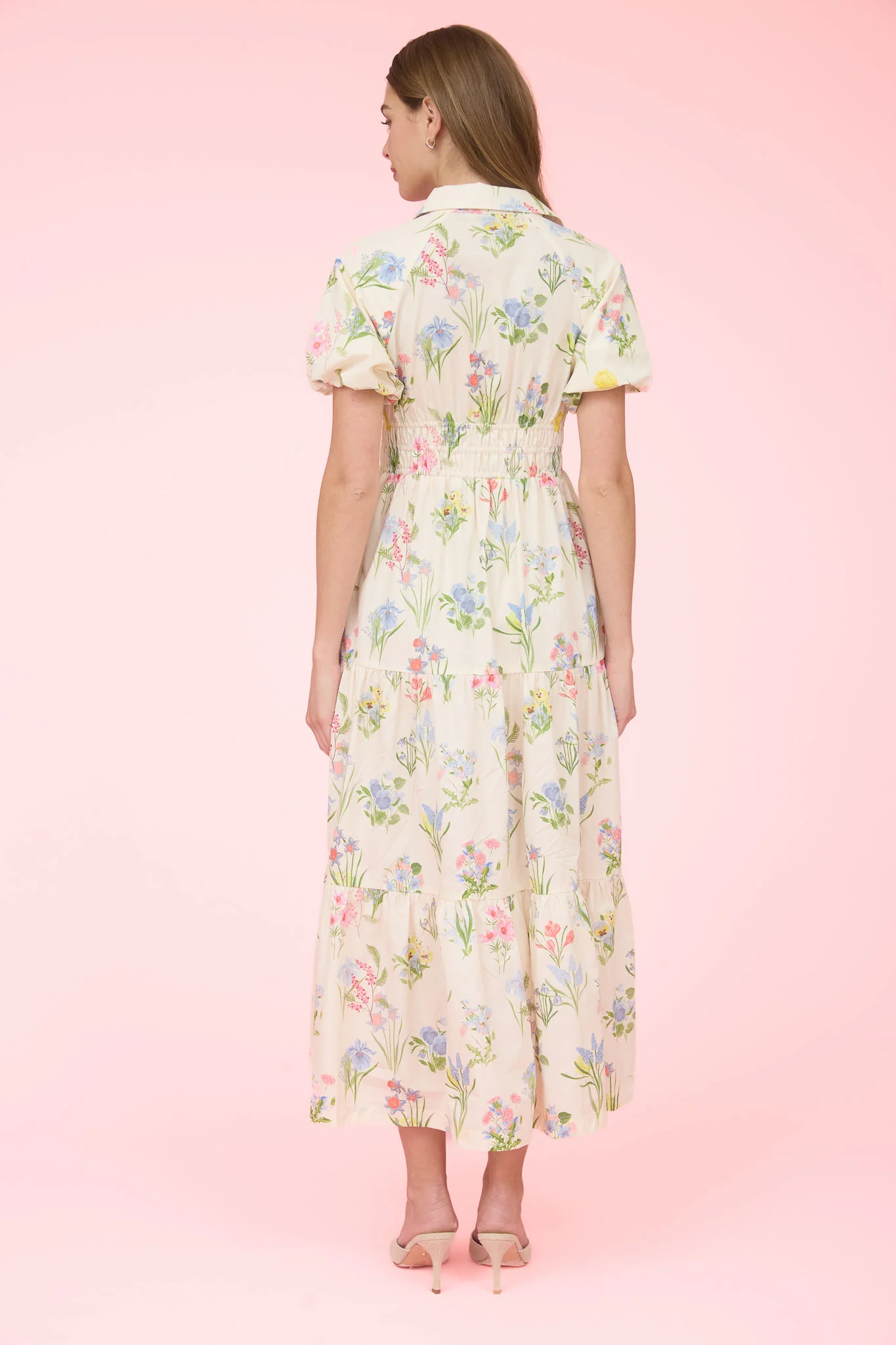 Floral Puff Sleeve Shirt Dress Cream - Image 2