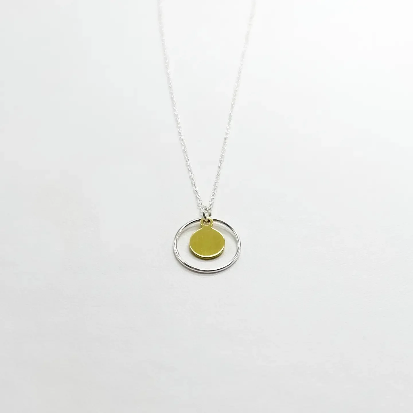 Gold Brass Circle Disc Necklace, Sterling Silver Chain - Image 3