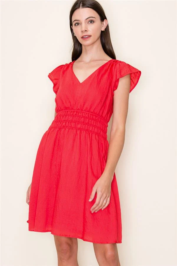 Kelsey V Neck Ruffle Sleeve Dress Red - Image 2
