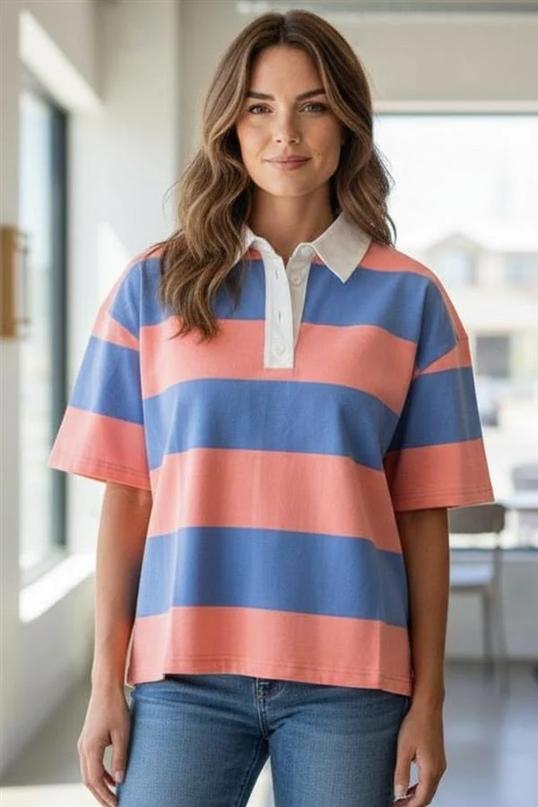 Portia Rugby Polo Oversized Peach/Blue