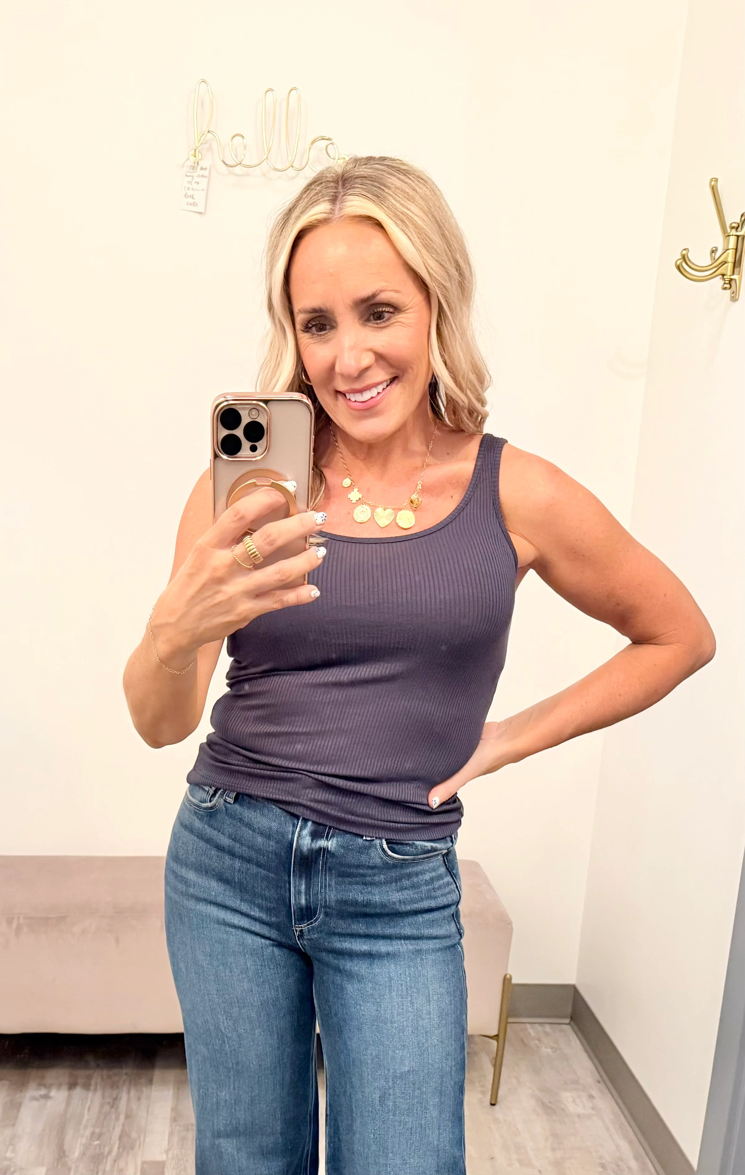 Ribbed Knit Deep Scoop Tank - Navy - Image 4