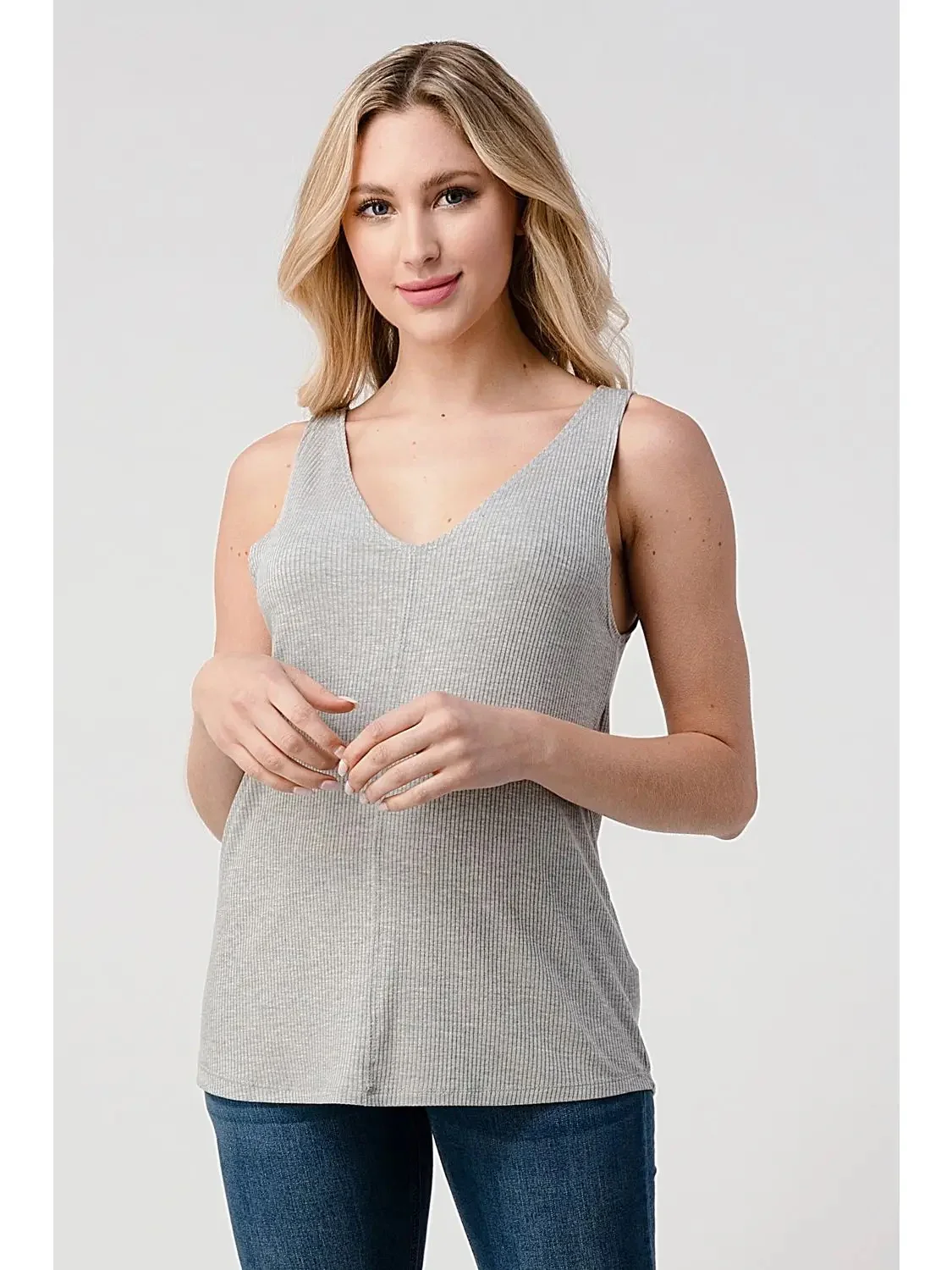 Ribbed Knit V-Neck Tank - Heather Grey