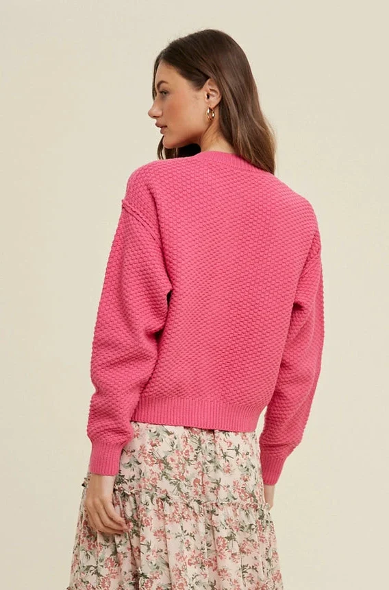 Textured Button Up Cardigan Hibiscus - Image 3