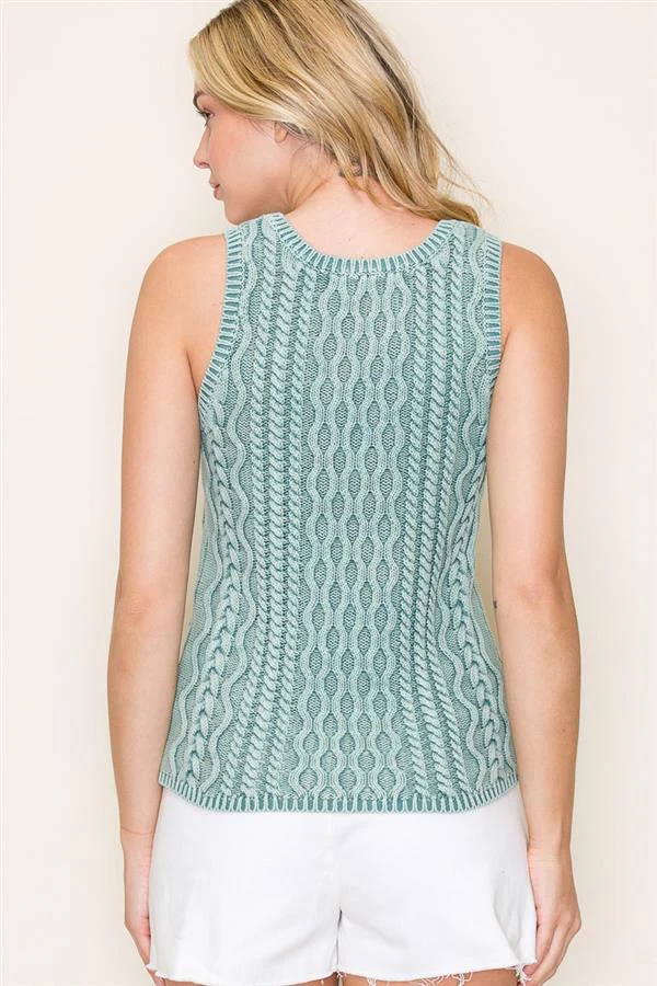 Washed Yarn Cable Knit Sweater Tank Jade - Image 3